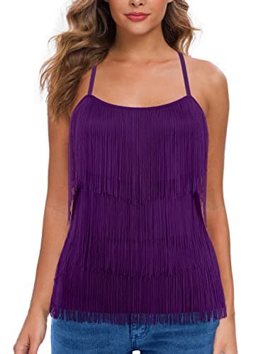 MANER Women’s Fringe Top Tassel Trim Cami Spaghetti Strap Tank Tops (Large, Purple)