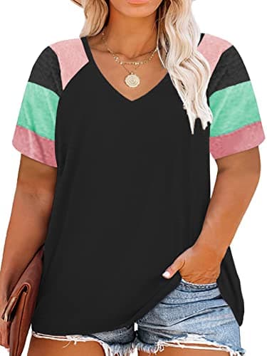 Plus Size Tops for Women Raglan Colorblock T Shirts Casual Cute Tee Black XL 16W