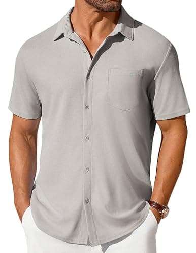 COOFANDY Mens Waffle Knit Shirt Light Grey Lightweight Button Down Shirt Business Casual Shirt
