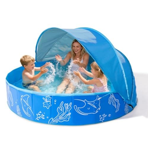 Hikiddy Foldable Kiddie Pool with Canopy for Kids Family: Portable for Outdoor Backyard Beach - for Baby Toddler Pet - Summer Water Play Pool with Shade, 63in, Blue-Blue