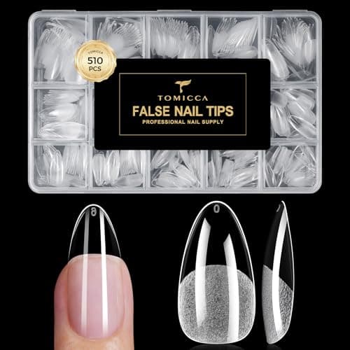 TOMICCA Medium Almond Nail Tips 510PCS, 15 Sizes Gel Nail Tips for Full Cover Half Matte Clear Acrylic Nails, Nail Tips Almond Shaped for DIY Salon, Gel Nail Extension Tips for Beginners & Nail Techs