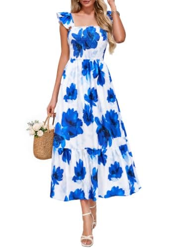 Simplee Womens Summer Floral Sundresses 2026 Sleeveless Casual Smocked Ruffle Spaghetti Strap Boho Maxi Dress Beach Vacation White Blue