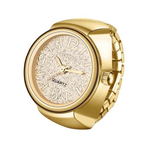 JewelryWe Ring Watches for Women: Quartz Analog Gold Stretch Band Adjustable Stainless Steel Elastic Novelty Finger Watch