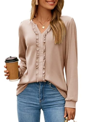 Dokotoo Womens Business Casual Tops Long Sleeve V Neck Work Blouses Plain Solid Color Shirts Grey Tops S