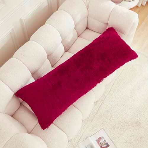 Uhamho Body Pillow Cover Large Fluffy Shaggy Lumbar Full Body Pillowcase 21 x 54 Inches Soft 1 Pack Modern Home Decorative Zipper Closure, Burgundy