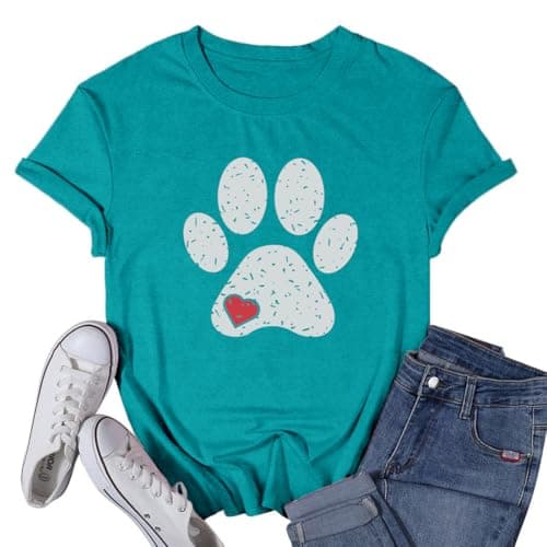 VQD Womens Dog Shirts Easily Distracted by Dogs Tshirt Dog Mom Paw Pet Lover Tee Tops Cyan