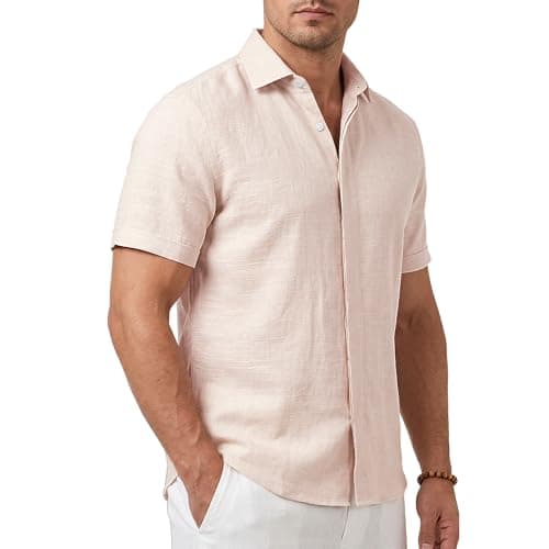 Cotton King Linen Men's Casual Cotton Blend Button Down Shirt - Beige -(XL)