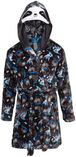 ONLY BOYS Bathrobe - Plush Fleece Bathrobe: Crocodiles, Sharks, Dinosaurs, Ninjas (6-14), Size 8-10, Charcoal Snowboard Sloth