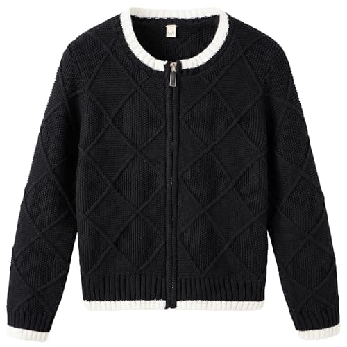 UMELOK Toddler Girls Cardigan Sweater Kids Full Zip-Up Long Sleeve School Uniform Cotton Fall Jacket Black-White,7-8Years