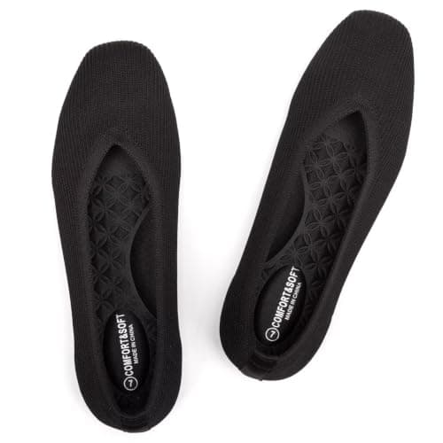 Frank Mully Women Square Toe Flat Shoes Comfortable Knitted Flats Black, 10.5