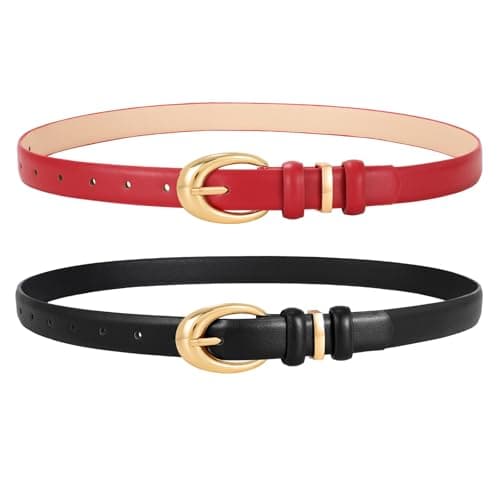 LEACOOLKEY 2 Pack Women Leather Belts for Jeans Dress Fashion Belt with Gold Silver Buckle，Black+red