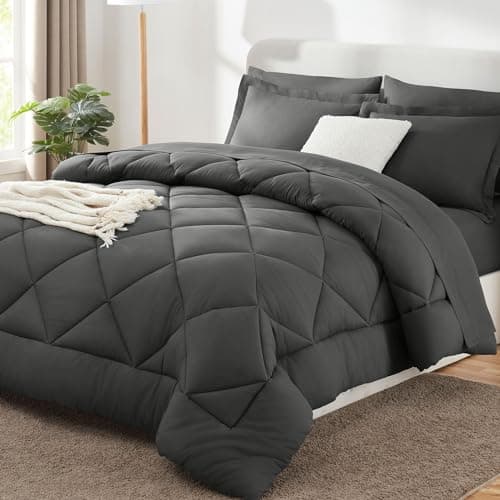 CozyLux Queen Comforter Set with Sheets Dark Grey - 7 Pieces Bed in a Bag