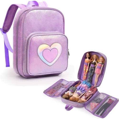 Carrying Backpack Compatible with Barbie Dolls 12-Inch, Fix Strips Holds up to 6 Dolls, Display Pockets for Doll’s Clothes, Accessories, Bag Only (Lavender)