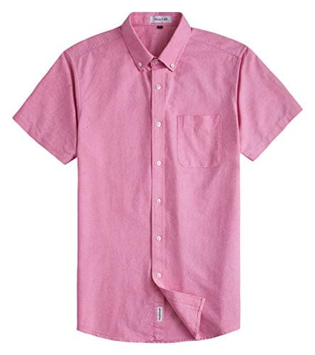 MUSE FATH Men's Oxford Dress Shirt-Casual Short Sleeve Shirt-Button Down Point Collar Shirt with Chest Pocket-Pink-XL
