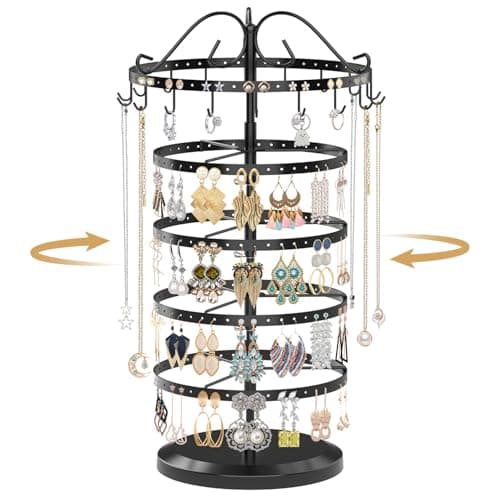 MODOWEY Rotating Jewelry Holder Organizer Stand, 5 Tier Black Metal Display