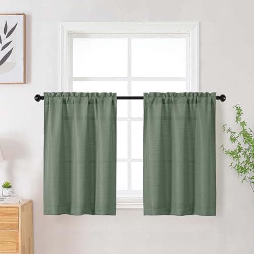 WelvetBLK Sage Green Short Curtains Tier 30 Inch Length 2 Panels Set, Faux Linen Textured Small Kitchen Curtains Light Filtering Drapes for Bathroom Basement, Sage Green, 2 Pcs, Each 30Wx30L Inch