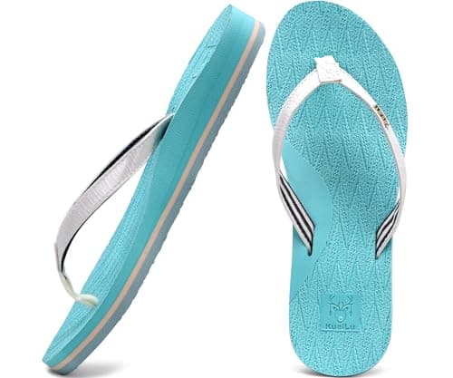 KuaiLu Womens Fashion Flip Flops Ladies Lightweight Summer Beach Yoga Mat Thong Sandals with Comfortable Arch Support Blue White Size 8