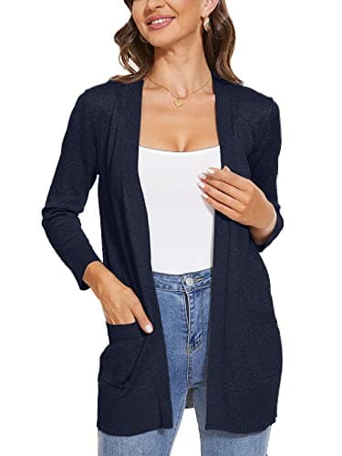 INKOFF Women's 3/4 Sleeve Cardigan Sweater Open Front Knit with Pockets Rib Hem Casual M