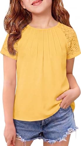 Arshiner Short Sleeves Shirts for Girls Pleated Blouse for Girls Yellow