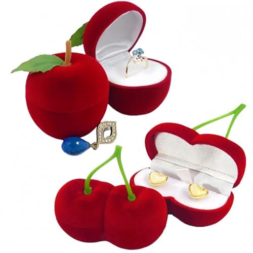 Ghzchuang 2 PCS Funny Jewelry Box Cherry & Apple Shaped Decorative Ring Display Case Box Velvet Ring Jewelry Box for Women &Jewelry CounterJewelry Display Props