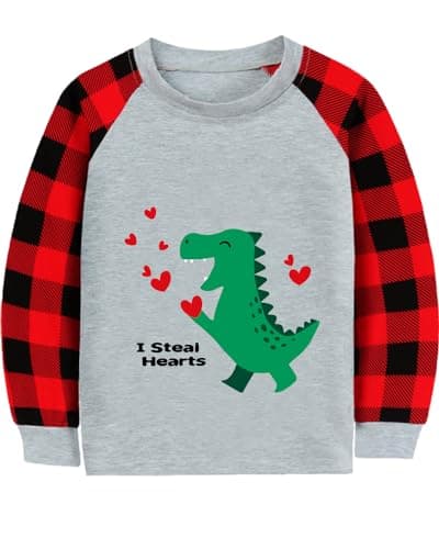 Valentine's Clothes for Toddler Boy Girl Dinosaur I Steal Heart Buffalo Red Plaid Shirt Kids Dino Raglan Sleeve Tee Tops 5T