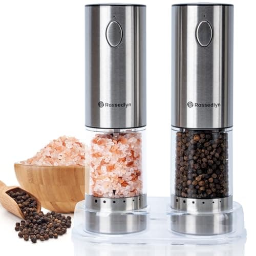 Rossedlyn Electric Salt and Pepper Grinder Set Rechargeable with 6 Adjustable Coarseness, Upgraded Larger Capacity, Stainless Steel Automatic Pepper and Salt Grinder Mill White LED lights 2 Pack-S1