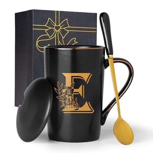 Jmugmt Letter E Personalized Initial Mugs with Flower, Letter E Personalized Coffee Mug, Customized Cool Letters Mugs for Women, Bridal Shower Gifts, Women's Initials Gifts Mug 14 OZ Matte Black