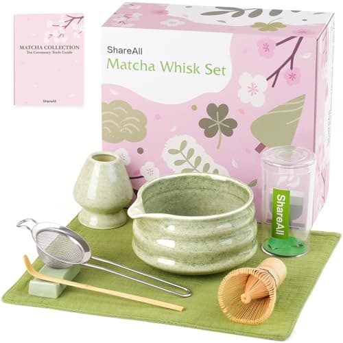 ShareAll Artisan Ceramic Matcha Set, 7Pcs Japanese Matcha Whisk Kit with Speckled Glaze Bowl, Bamboo Chasen & Sifter - Elegant Tea Ceremony Gifts for Women & Men, Premium Home Essentials (Green)