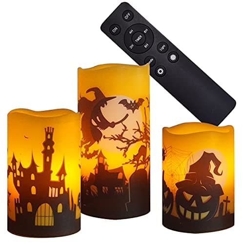 3 Real Wax Battery Operated Flameless Candles with Remote Halloween Decals