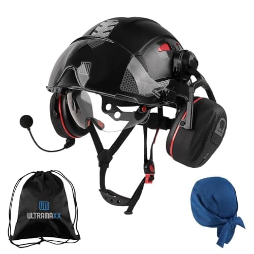 UM ULTRAMAXX Safety Helmet with Built-in Visor Bluetooth Ear Muffs, Hard Hat with Vented Design, ANSI Z89.1 Certified, Ideal for Industrial and Construction, Black