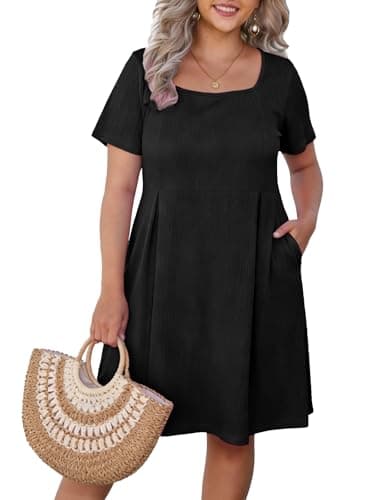 D.Q.RZhong Womens Plus Size Short Sleeve Dresses Square Neck Casual Summer Sundress Flowy Swing Knee Length Dress with Pockets Black 4XL