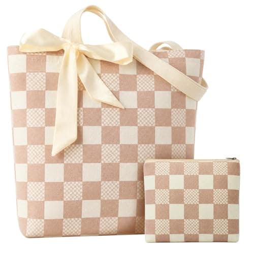 JATEBI 2 Pcs Cute Canvas Tote Bags, Large Checkered Tote Bag Make Up Bag