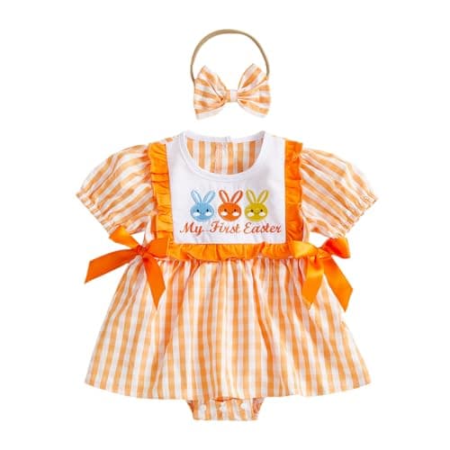 BemeyourBBs Newborn Baby Girl Easter Outfit My First Easter Romper Dress Cute Infant Girl Clothes (Bunny Striped Orange, 3-6 Months)