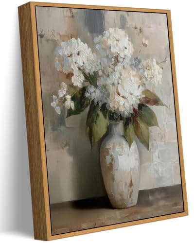Framed Vintage Floral Canvas Wall Art White Hydrangea Painting Picture Wall Decor Country Farmhouse Flower Poster Print Artwork for Living Room Bathroom Office Home Decoration 8x10in
