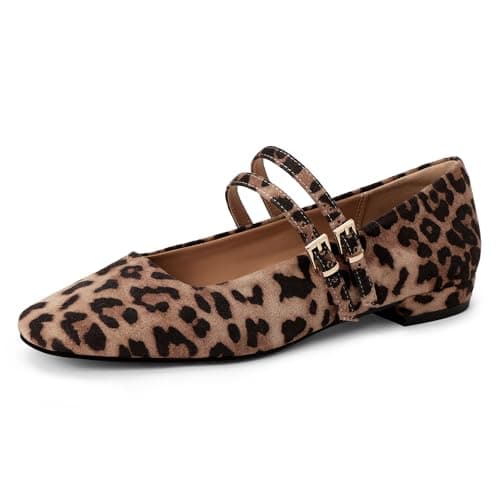 IDIFU Leopard Mary Jane Flats for Women Square Toe Suede Ballet Flats 8.5