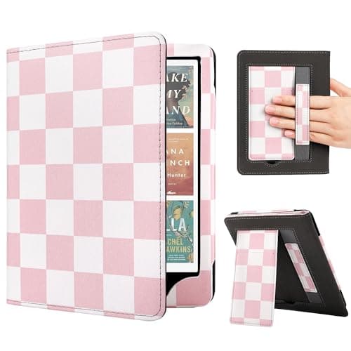 Vane Oak Stand Case for 7"/6.8" Kindle Paperwhite (12th/11th Generation-2024/2021) and Kindle Colorsoft Signature Edition, Slim PU Case with Auto Wake/Sleep & Hand Strap, Pink and White Checkerboard