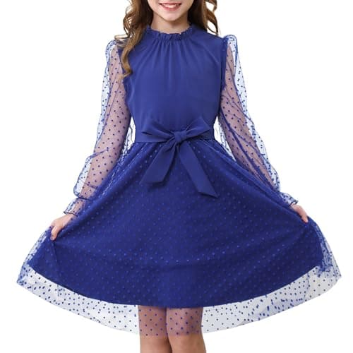 Rolanko Girls Contrast Mesh Dress with Belt, Puff Long Sleeve A-Line Polka Dot Tulle Party Dresses(Navy, 12-13 Y)