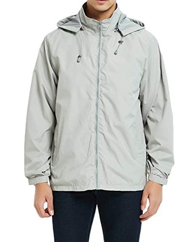 MADHERO Mens Lightweight Windbreaker Waterproof Rain Jacket with Removable Hood Light Grey Size M