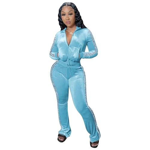 Womens 2 Piece Velour Jogger Tracksuit Two Piece Sexy Outfits for Women, Long Sleeve Full-Zip Up Velvet Crop Tops Jacket Flared Pants Matching Set Sportswear Sweatsuit Pockets Patchwork Glitter Stripe