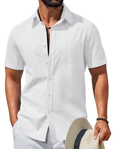 COOFANDY Men's Summer Button Down Shirts Short Sleeve Cotton Linen Beach Vacation Shirts Fashion Casual Untucked Shirts with Pocket, White, XXL