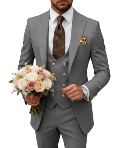 Men's 3 Piece Slim Fit Suit Double Breasted Suit Men Formal Suit Jacket Blazer Vest Pants for Wedding Prom Dinner Party Grey XS