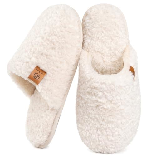 EverFoams Women's Fuzzy Slip-on Slippers Warm Cozy Soft Lightweight Memory Foam Indoor House Shoes Cream White, 7-8 US