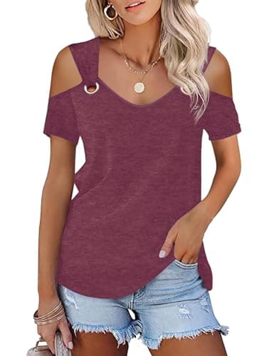Bwnilimeizn Womens Sexy Cold Shoulder Tops Short Sleeve V Neck T Shirts Off Shoulder Basic Summer Casual Western Shirts with O Ring Cute Loose Fit Trendy Blouse Dark Burgundy Purple S