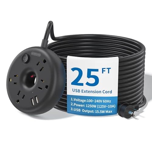 NTONPOWER 25ft Black Power Strip with 4 Outlets, 2 USB Ports, Desktop Extension Cord, Overload Protection, Fireproof ABS+PC Shell