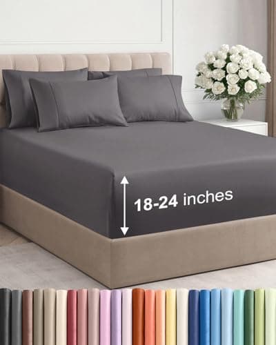 Extra Deep Queen Sheet Set - 6 Piece Breathable and Cooling Sheets - Grey