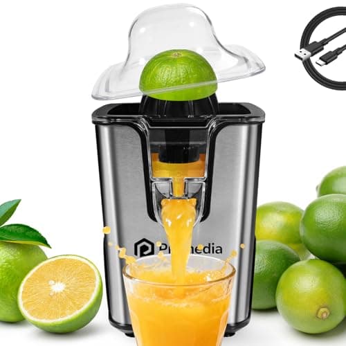 PRAMEDIA Cordless Electric Citrus Juicer, 60W Rechargeable Orange Juicer Squeezer with USB-C Charging, Stainless Steel Lemon Juicer Electric with Adjustable Anti-Drip Spout & 2 Cones, Portable for RV
