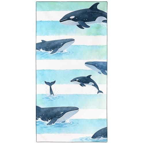 KLRIGR Whales Beach Towel Oversized 36"x72", Microfiber Sand Free & Quick Dry, Lightweight for Pool Camping Beach Travel Vacation (Stripe Watercolor)