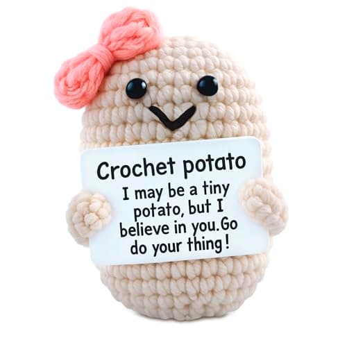 Reluen Crochet Potato Desk Figurine Ribbon & Motivational Card - 3.14x2.36 Handmade Mini Plush Decor Gift for Women, Coworker, Teacher, Friend | Office Shelf Accent - Thoughtful Easter