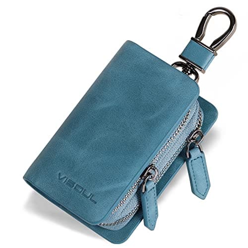 VISOUL Car Key Case Holder Double Zipper, Leather Car Smart Key Fob Case with Keychain for Men and Women-Blue