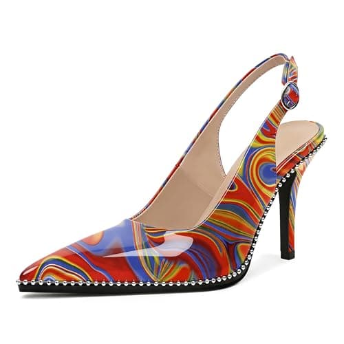 Zamikoo Women Beaded Pumps High Heel Slingback Pointed Toe Slip On 3.5 Inch Stilettos Ankle Strap Adjustable Buckle Fashion Dress Shoes for Party Event Heatmap Multi-Color Patent Leather US Size 7.5